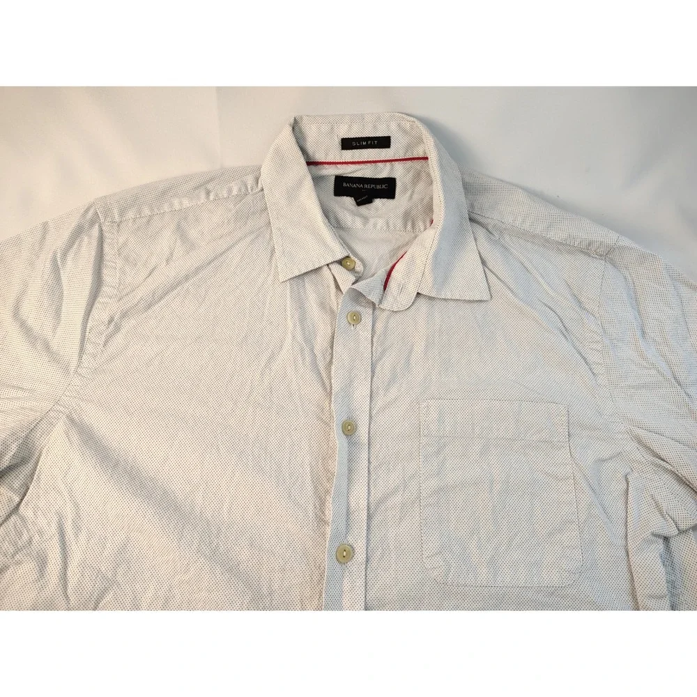 Banana Republic Mens Slim Fit Short Sleeve Button Down Shirt White Blue Dot L